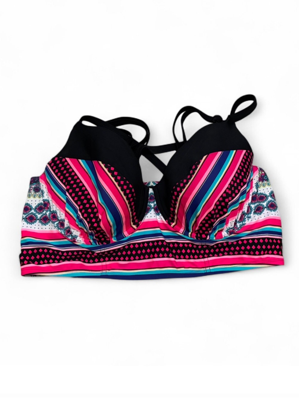 Cacique Multicolor Stripe Longline Bra Swim Top - Black & Pink